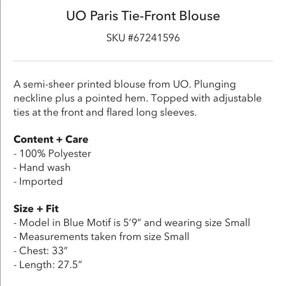 NWT Urban Outfitters Paris Tie-Front Blouse Size XS - Picture 2 of 5